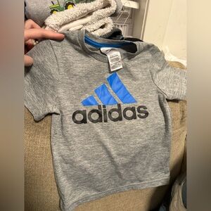 Adidas Kids Tee with Blue Logo on Gray